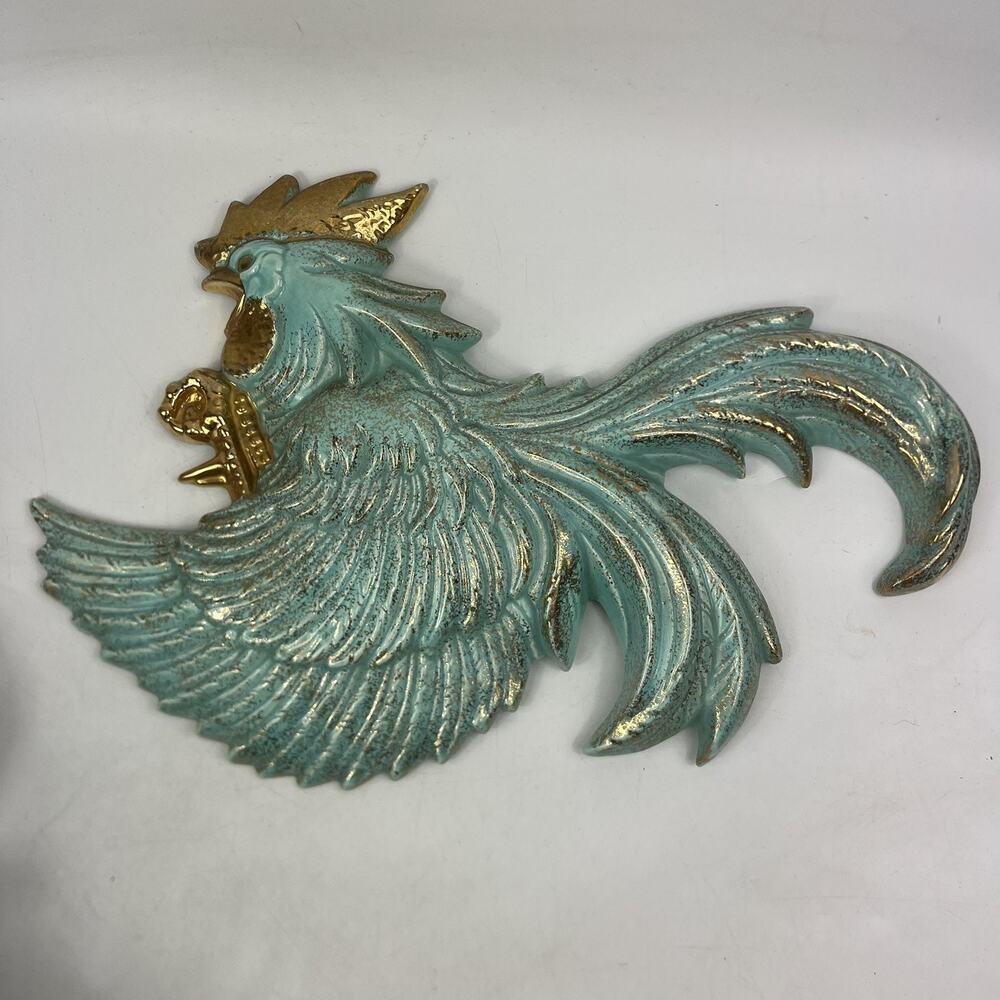 Vintage California Originals Rooster Wall Plaque 794R Ceramic MCM Teal Gold